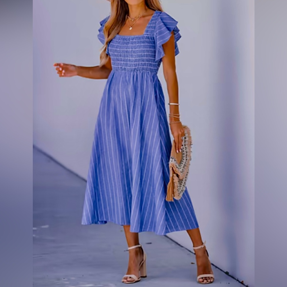 Cupshe Blue Striped Midi Dress with Ruffle Sleeves